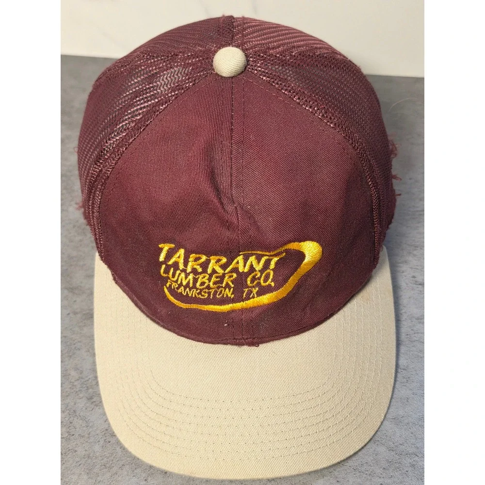 Tarrant Lumber Co Frankston TX Trucker Hat Maroon Tan Snapback Mesh Cap‎